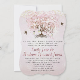Convite Casamento de aves com amor de folha de cor rosa