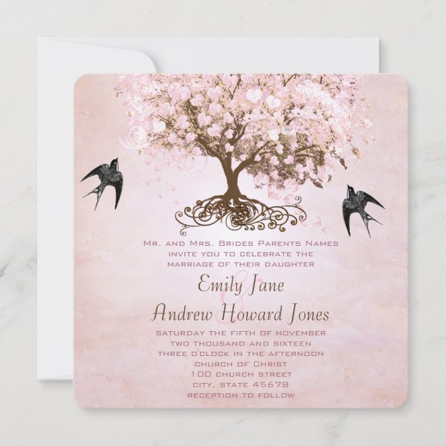 Convite Casamento de aves com amor de folha de cor rosa (Frente)