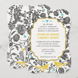 Convite Casamento De Aves Com Cinza Amarelo De Amor Floral
