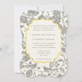Convite Casamento de aves com Cinza e amor floral amarelo