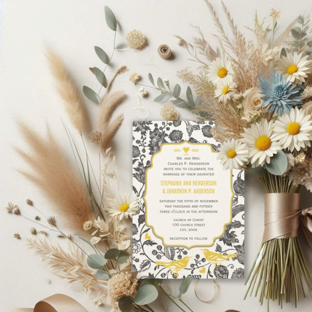 Convite Casamento de aves com Cinza e amor floral amarelo (Criador carregado)