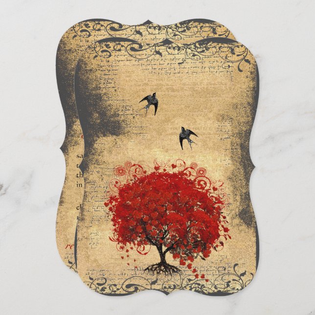 Convite Casamento de Aves da Árvore de Folha Vermelha (Frente/Verso)