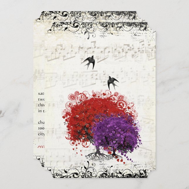 Convite Casamento de Aves da Árvore Vermelha Folha de Cora (Frente/Verso)