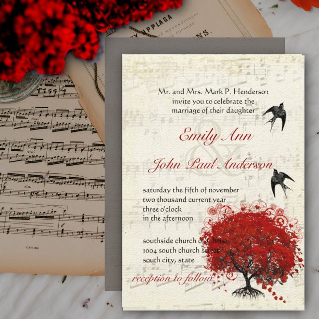 Convite Casamento de Aves da Árvore Vermelha Folha de Cora (Criador carregado)