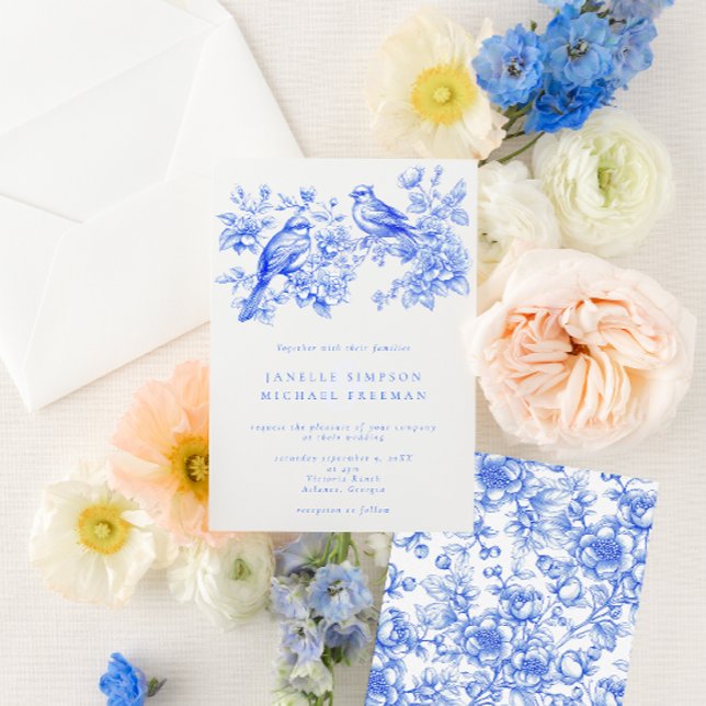 Convite Casamento de Aves de Amor com Chinoiserie Azul (Criador carregado)