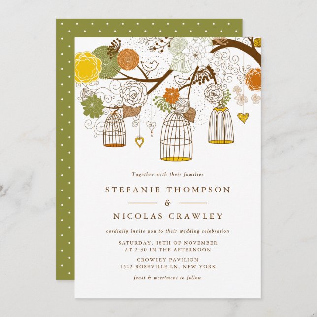 Convite Casamento de Aves de Caça Laranja e Amarelo (Frente/Verso)