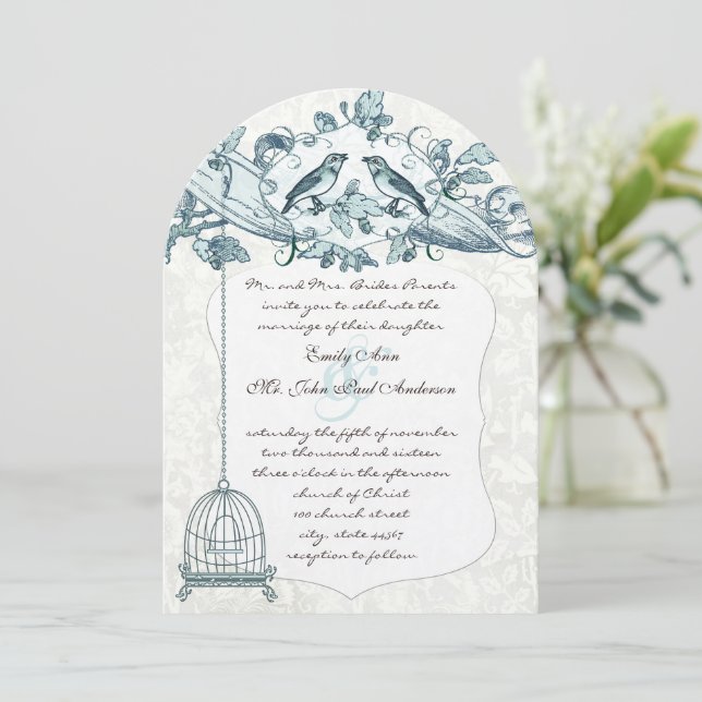 Convite Casamento De Aves De Capoeira De Carvalho De Mint  (Em pé/Frente)