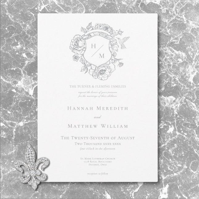 Convite Casamento de aves de capoeira e de repouso da Cinz (Elegant Gray Chinoiserie Bird & Crest Wedding Invitation)