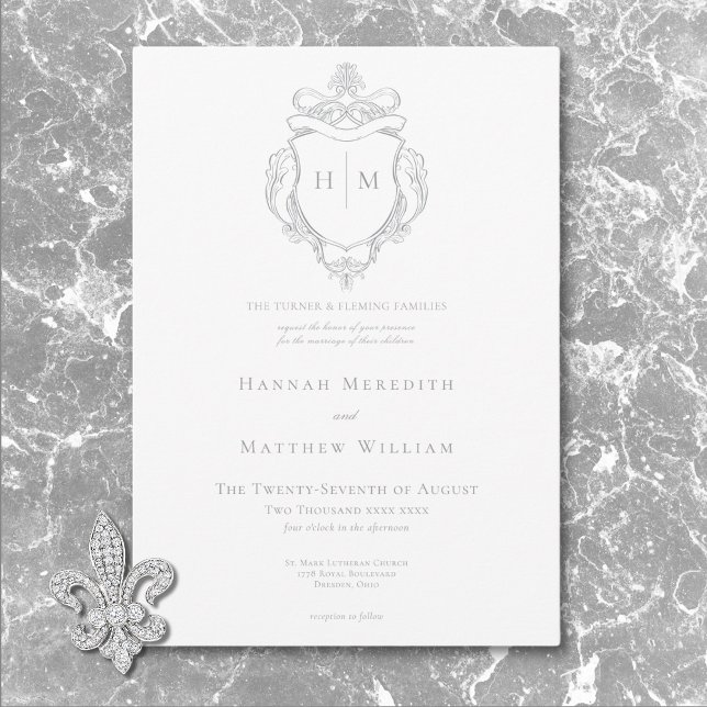 Convite Casamento de aves de capoeira e de repouso da Cinz (Elegant Gray Chinoiserie Bird & Crest Wedding Invitation)