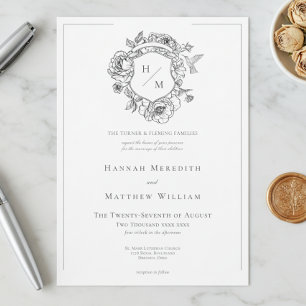 Convite Casamento de aves e crest da Chinoiserie Negra Ele