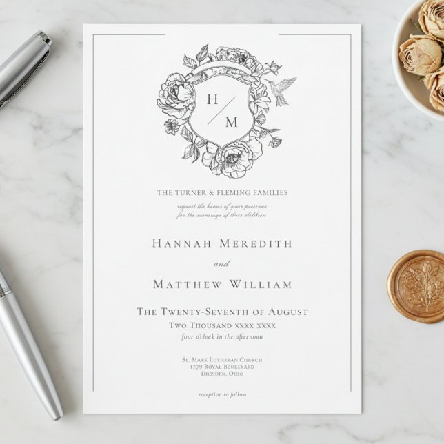 Convite Casamento de aves e crest da Chinoiserie Negra Ele (Criador carregado)