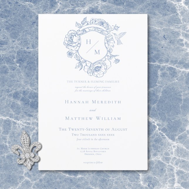 Convite Casamento de aves e crest de Chinoiserie Azul Eleg (Elegant Blue Chinoiserie Bird & Crest Wedding Invitation)
