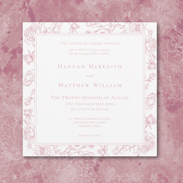 Convite Casamento de aves e crest, pintadas e pintadas (Elegant Pink Chinoiserie Bird & Crest Wedding Invitation)