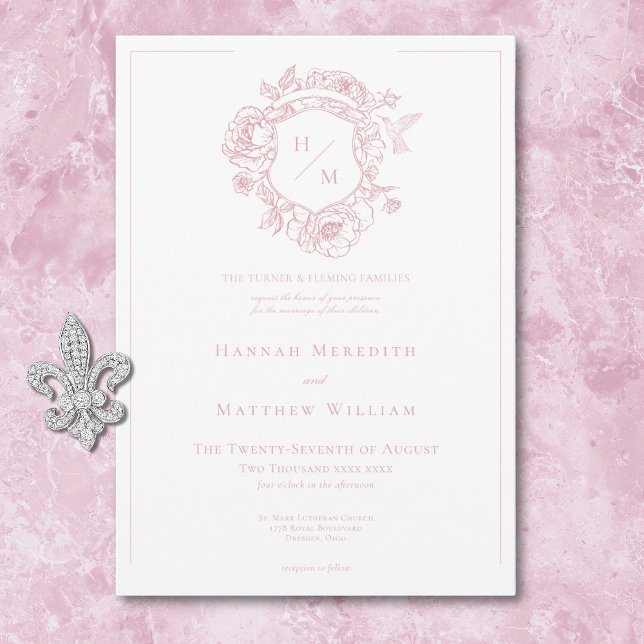 Convite Casamento de aves e crest, pintadas e pintadas (Elegant Pink Chinoiserie Bird & Crest Wedding Invitation)