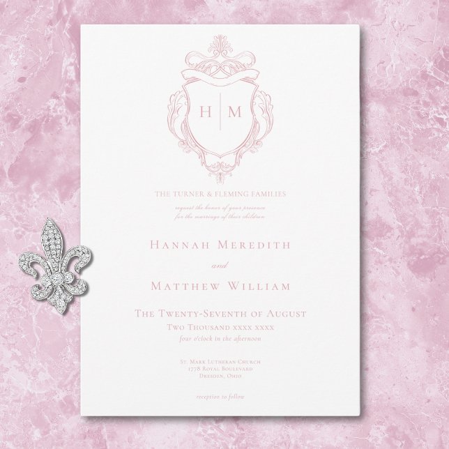 Convite Casamento de aves e crest, pintadas e pintadas (Elegant Pink Chinoiserie Bird & Crest Wedding Invitation)