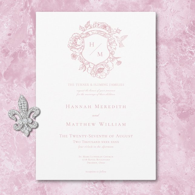 Convite Casamento de aves e crest, pintadas e pintadas (Elegant Pink Chinoiserie Bird & Crest Wedding Invitation)