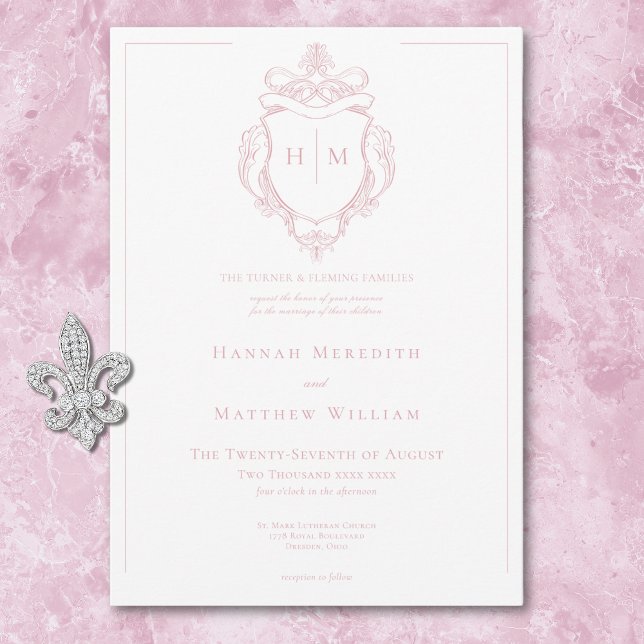 Convite Casamento de aves e crest, pintadas e pintadas (Elegant Pink Chinoiserie Bird & Crest Wedding Invitation)