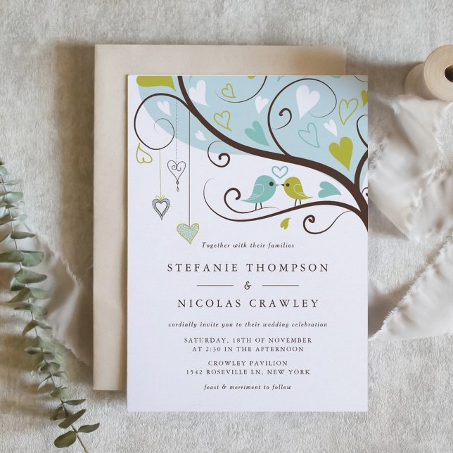 Convite Casamento de Aves Marinhas Azuis e Verde (Blue and Green Lovebirds Wedding Invitation)