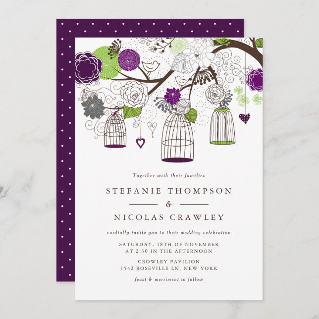 Convite Casamento de Aves Púrpuras e Verdes (Frente/Verso)