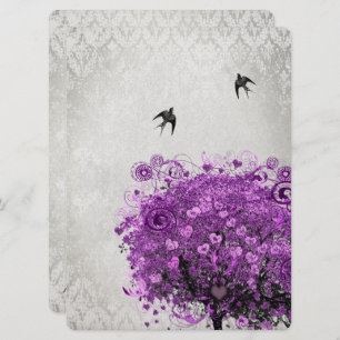 Convite Casamento de Aves Roxas Roxas Roxas com Folha Card