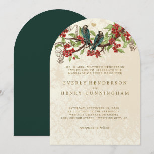 Convite Casamento de Aves Vintage do Branch Vermelho