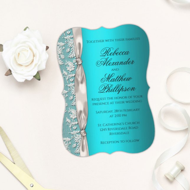 Convite Casamento de Azar Branco e Satin Ribbon Aqua (Criador carregado)