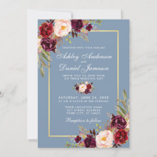 Convite Casamento de Azul com Borgonha Floral