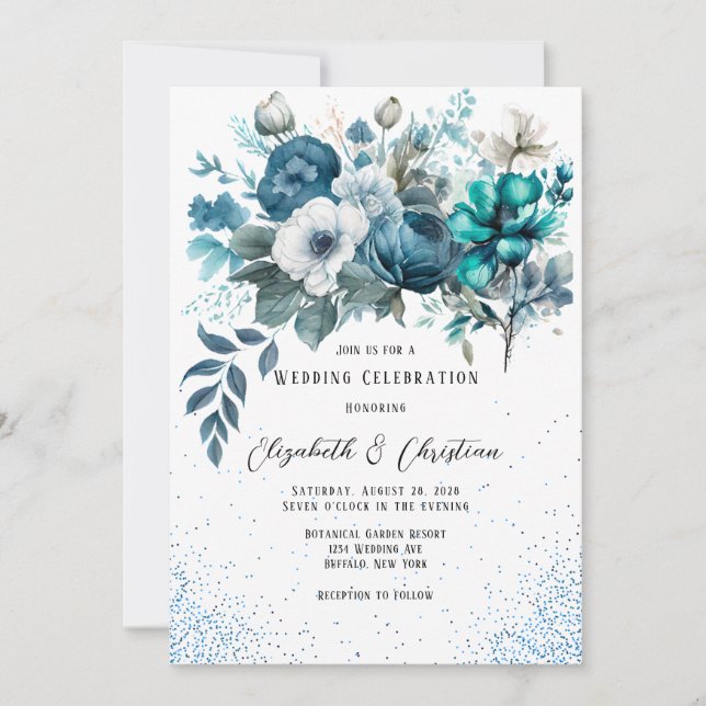 Convite Casamento de Azul e Teal Peony Glitter (Frente)