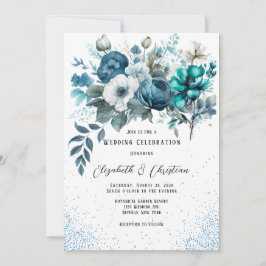 Convite Casamento de Azul e Teal Peony Glitter