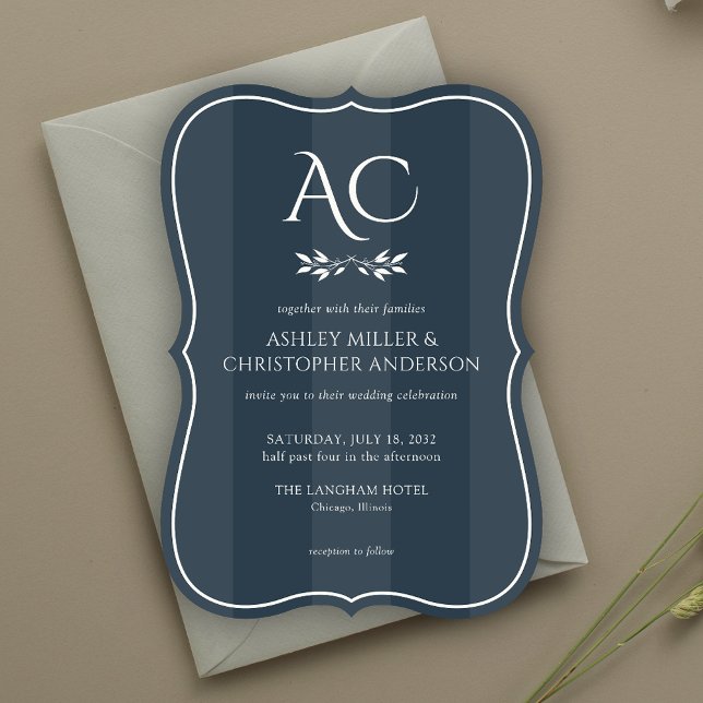 Convite Casamento de Azul Indigo Striped Monograma Minimal (Criador carregado)