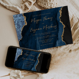 Convite Casamento de Azul Marinho Ágata Dourada em Letra d