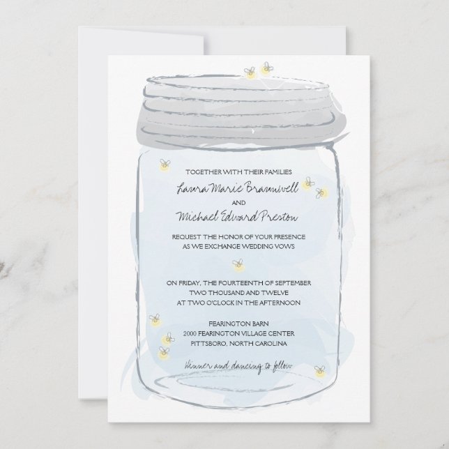 Convite Casamento de Azul Mason Jar e Fireflies (Frente)