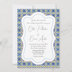 Convite Casamento de Azulejo Azul Detalhado Brilhante