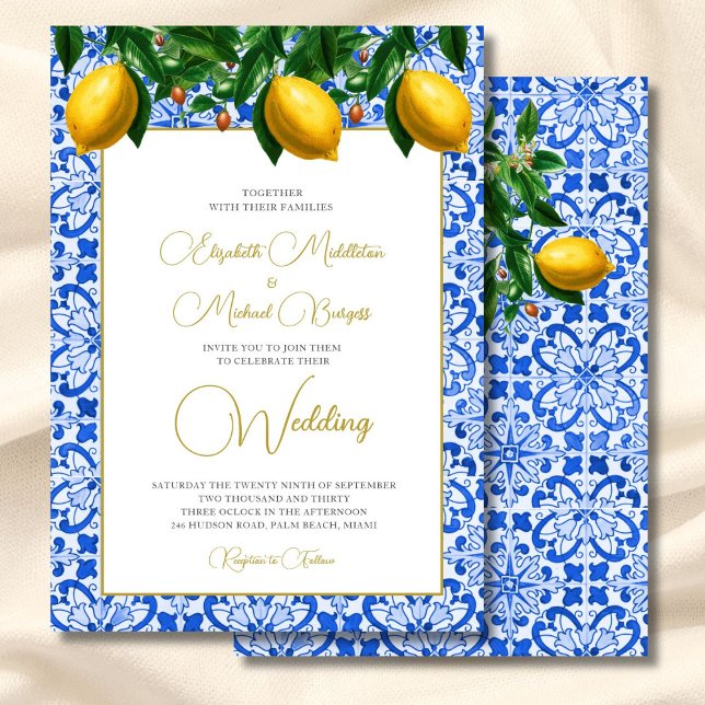 Convite Casamento de Azulejo Azul Italiano Lemon Botânico (Criador carregado)