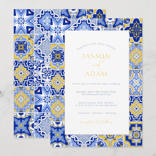 Convite Casamento de Azulejo Azul Mediterrâneo (Frente/Verso)