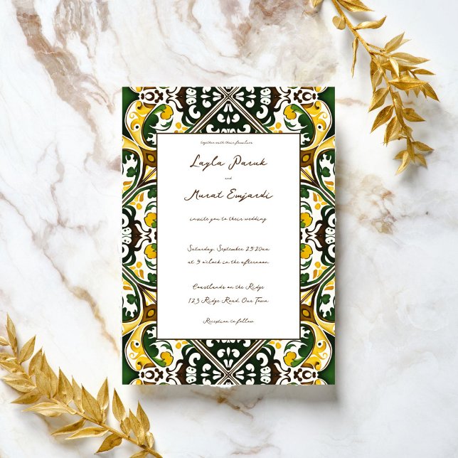 Convite Casamento de azulejo de Talavera, uma vegetação am (Green yellow vintage Mediterranean ornament tile wedding Invitation template digital download)
