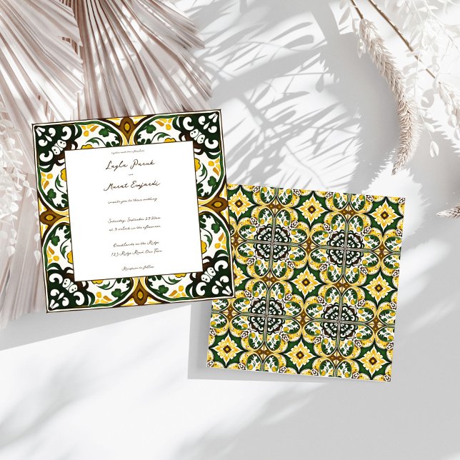 Convite Casamento de azulejo do Mediterrâneo verde-amarelo (Green yellow Portuguese Mediterranean folk art art ornate tile wedding Invitation template download)