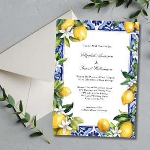 Convite Casamento de Azulejo Mediterrâneo Limão Amarelo Az