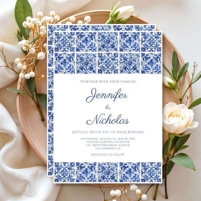 Convite Casamento de Azulejos Azuis Elegante do Mediterrân (Elegant Mediterranean Blue Tiles Wedding Invitation)