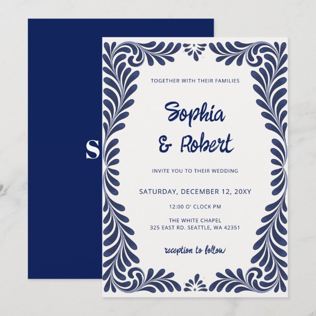 Convite Casamento de Azulejos de Talavera Azul Mexicano (Frente/Verso)