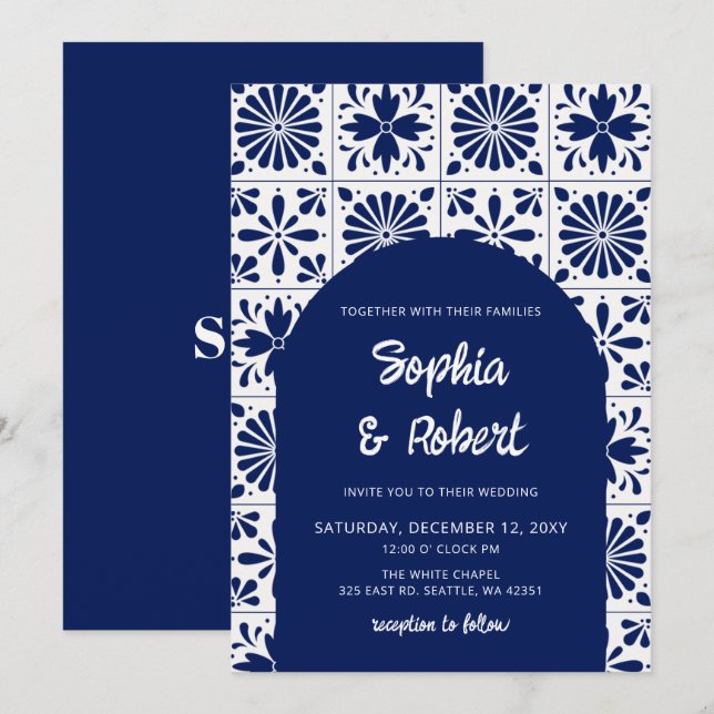 Convite Casamento de Azulejos de Talavera Azul Mexicano (Frente/Verso)