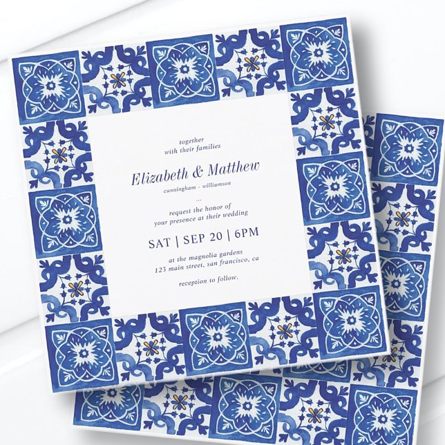 Convite Casamento de Azulejos do Mediterrâneo Azul e Branc (Criador carregado)