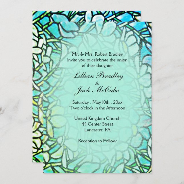 Convite Casamento de Azulejos Florais Mosaicos Verdes (Frente/Verso)