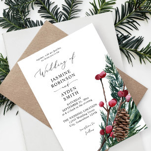 Convite Casamento de Bagas de Inverno e Folhagem de Pinhei