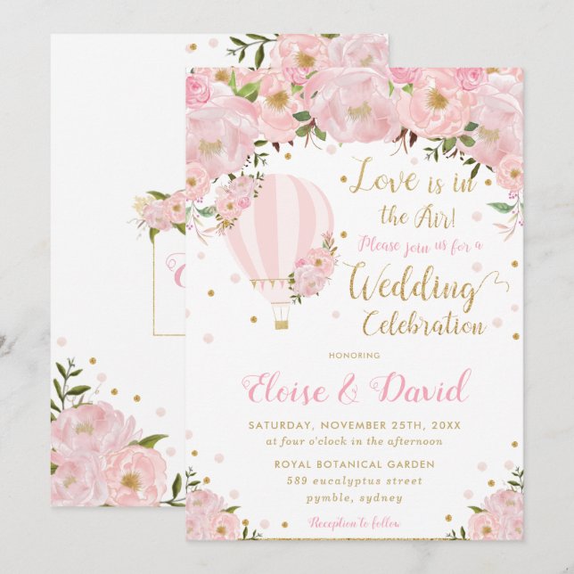Convite Casamento De Balão De Ar Quente Rosa Com Blush Chi (Frente/Verso)
