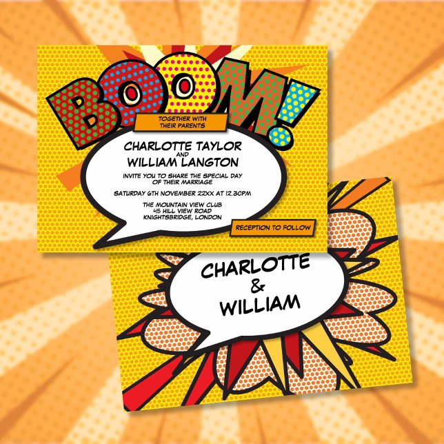 Convite Casamento de banda desenhada moderno do designer t (Modern Typographic Designer Fun Comic Wedding Invitation)