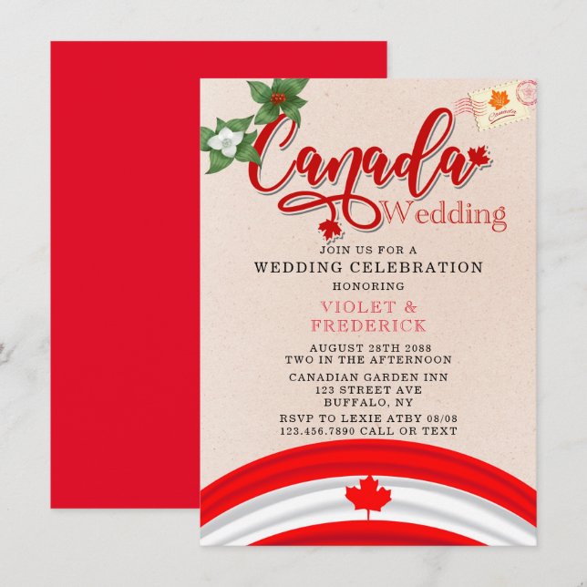 Convite Casamento de Bandeira e Florais no Canadá (Frente/Verso)