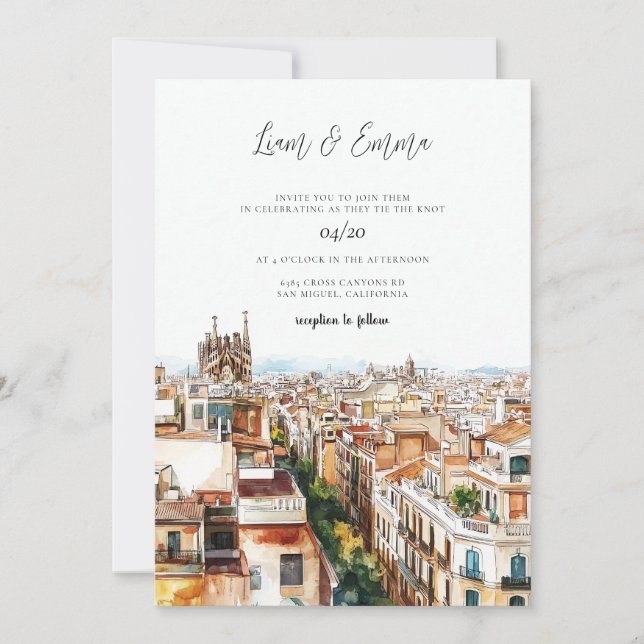 Convite Casamento de Barcelona Watercolor (Frente)