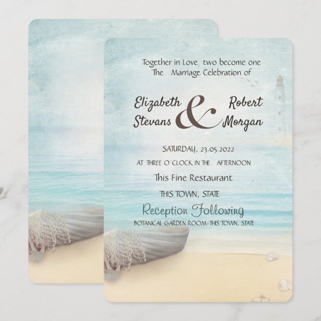 Convite Casamento de Barco de Praia com Farol (Frente/Verso)