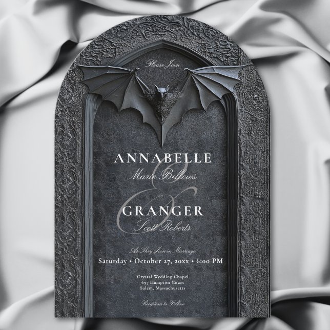Convite Casamento de Bat e Arco Pretos do Halloween (Gothic Halloween Black Bat & Arch Wedding Invitation)